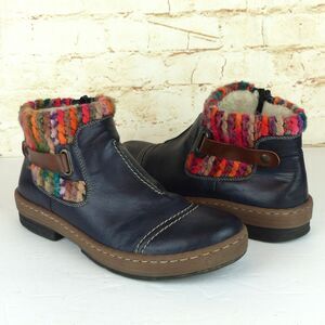 Rieker Felicitas Boots Women 41 9.5 Blue Faux Leather Knit Cuff Ankle Z6784